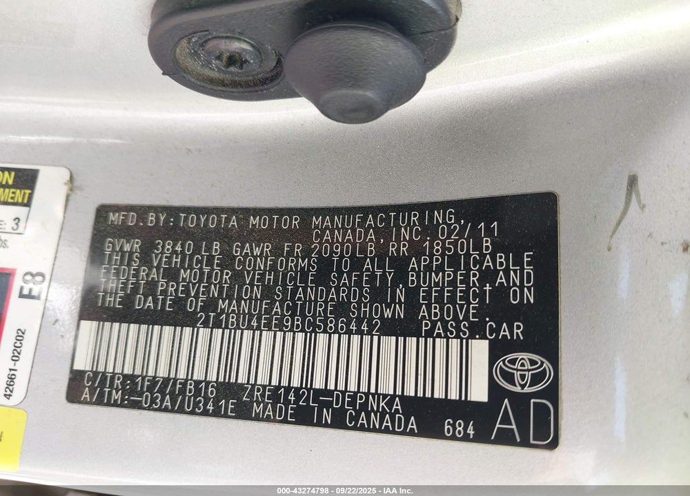 2011 TOYOTA COROLLA LE VIN: 2T1BU4EE9BC586442
