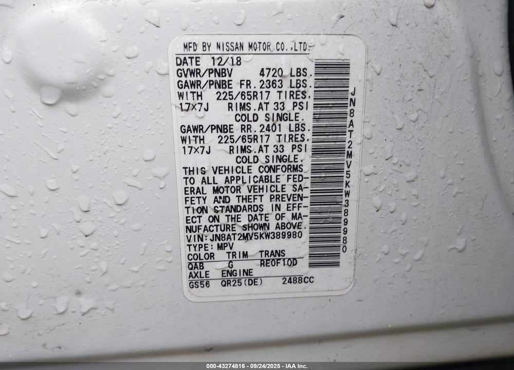 2019 NISSAN ROGUE VIN: JN8AT2MV5KW389980
