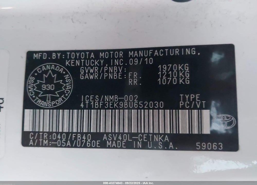 2011 TOYOTA CAMRY LE VIN: 4T1BF3EK9BU652030