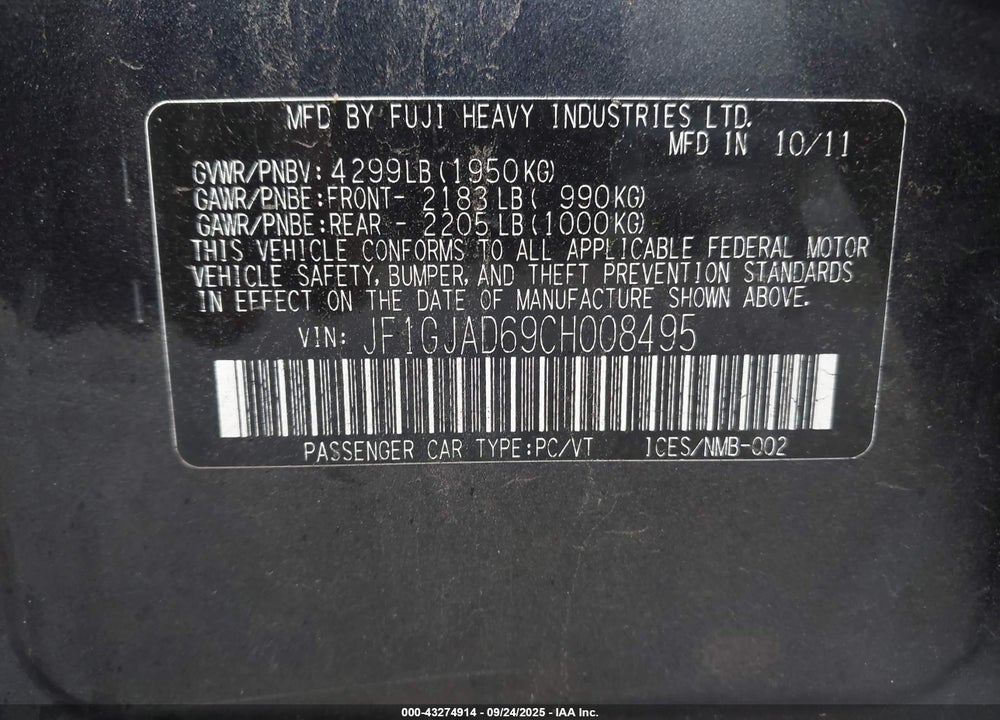 2012 SUBARU IMPREZA VIN: JF1GJAD69CH008495