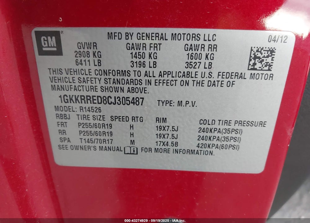2012 GMC ACADIA VIN: 1GKKRRED8CJ305487