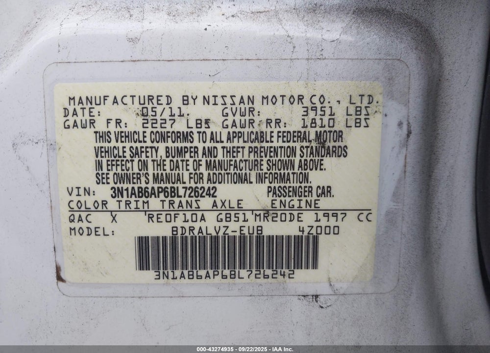 2011 NISSAN SENTRA VIN: 3N1AB6AP6BL726242