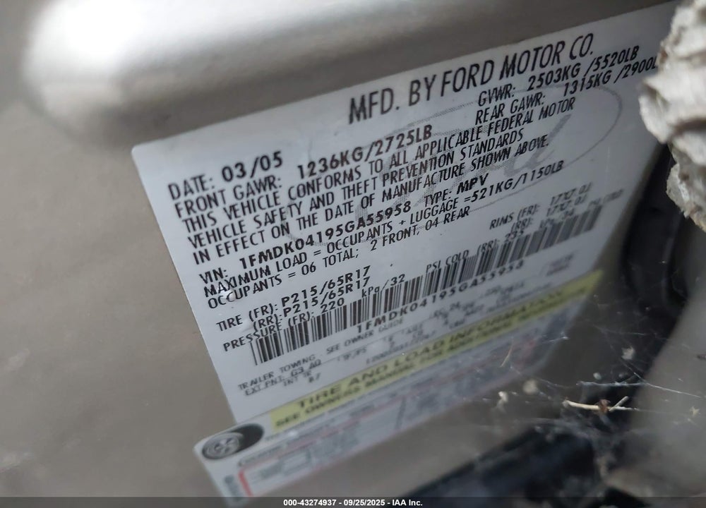 2005 FORD FREESTYLE SE VIN: 1FMDK04195GA55958