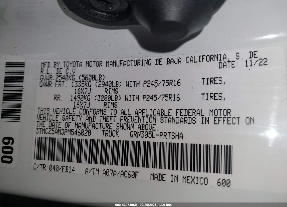 2023 TOYOTA TACOMA SR V6 VIN: 3TMCZ5AN3PM546020