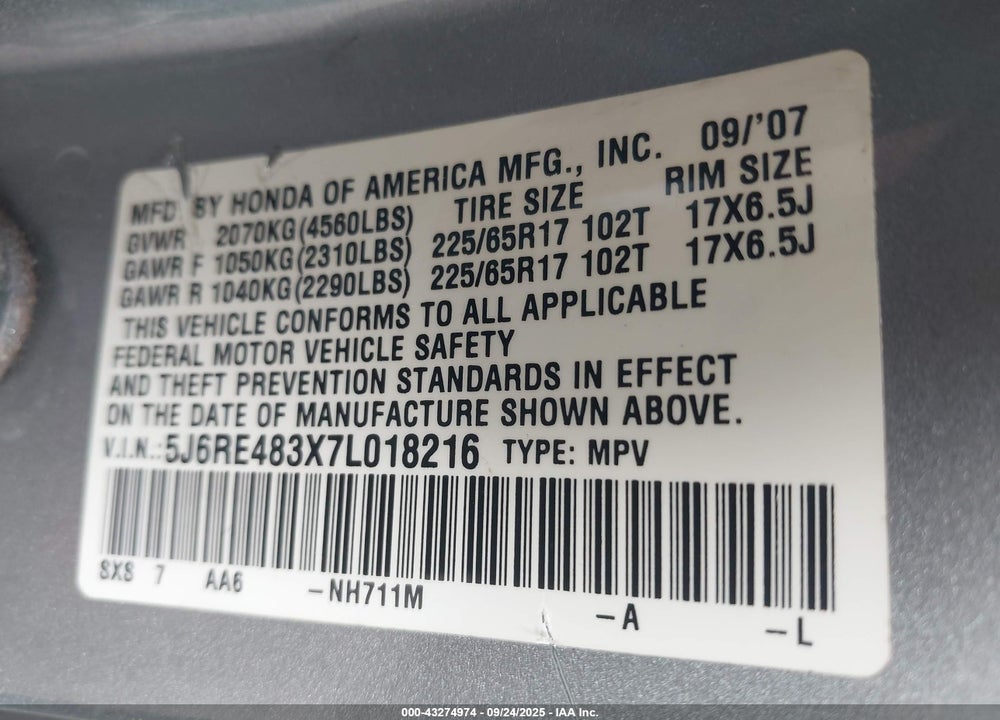 2007 HONDA CR-V LX VIN: 5J6RE483X7L018216