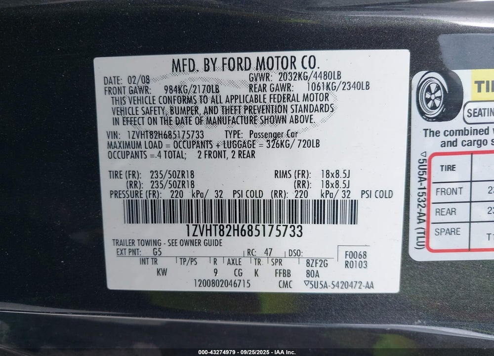 2008 FORD MUSTANG VIN: 1ZVHT82H685175733