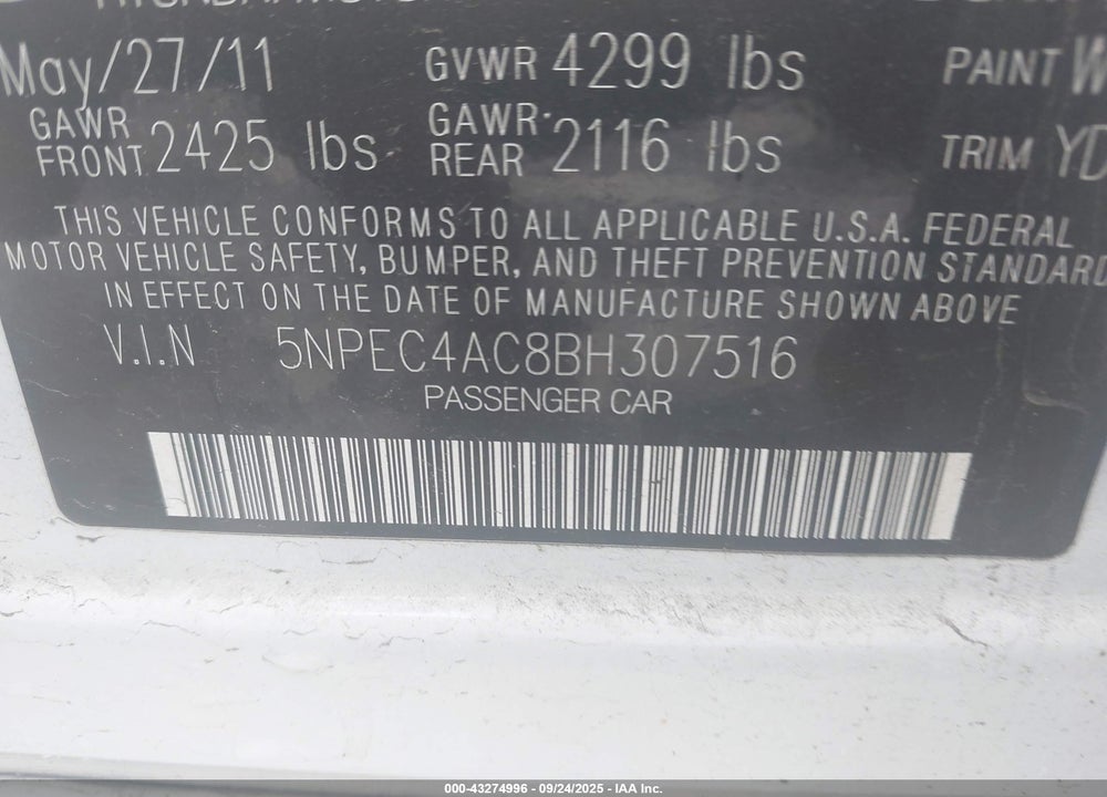 2011 HYUNDAI SONATA VIN: 5NPEC4AC8BH307516