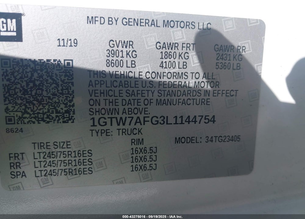 2020 GMC SAVANA CARGO RWD 2500 REGULAR WHEELBASE WORK VAN VIN: 1GTW7AFG3L1144754