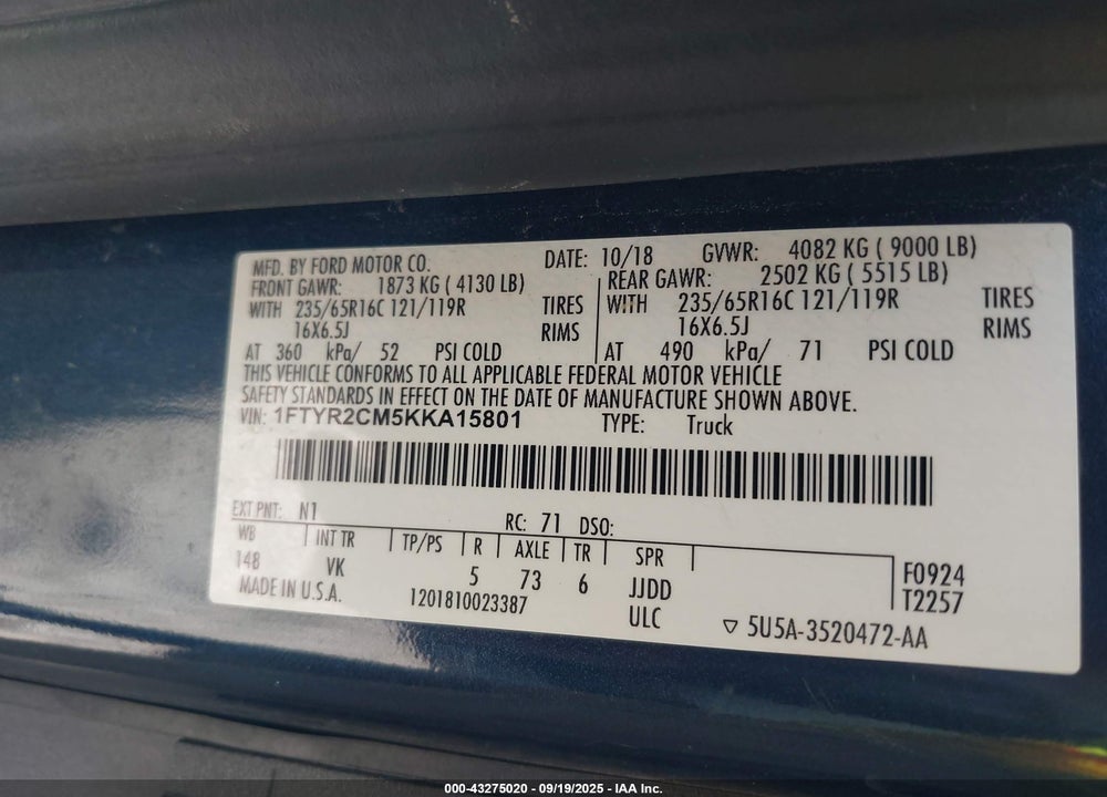 2019 FORD TRANSIT-250 VIN: 1FTYR2CM5KKA15801