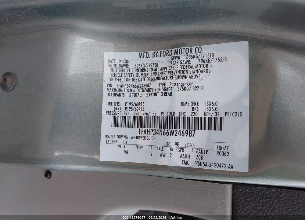 2006 FORD FOCUS ZX4 VIN: 1FAHP34N66W246987