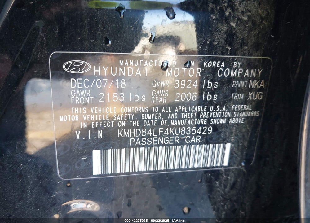 2019 HYUNDAI ELANTRA VIN: KMHD84LF4KU835429