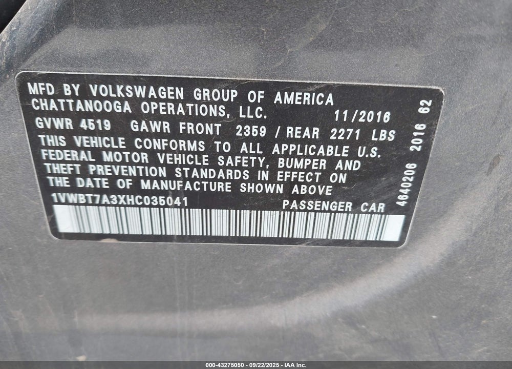 2017 VOLKSWAGEN PASSAT VIN: 1VWBT7A3XHC035041