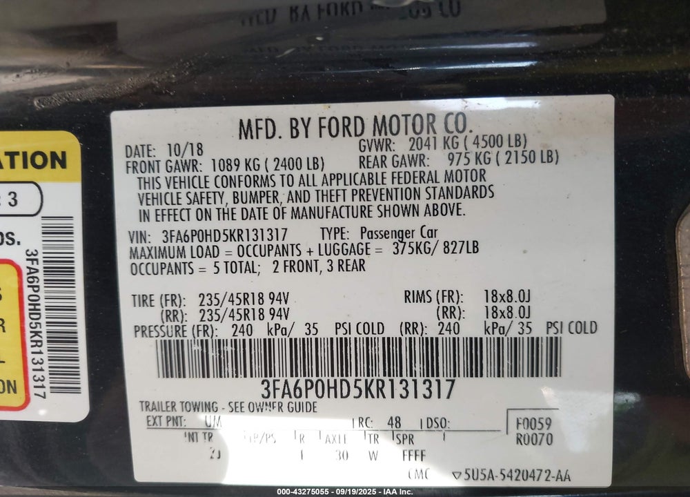2019 FORD FUSION SE VIN: 3FA6P0HD5KR131317