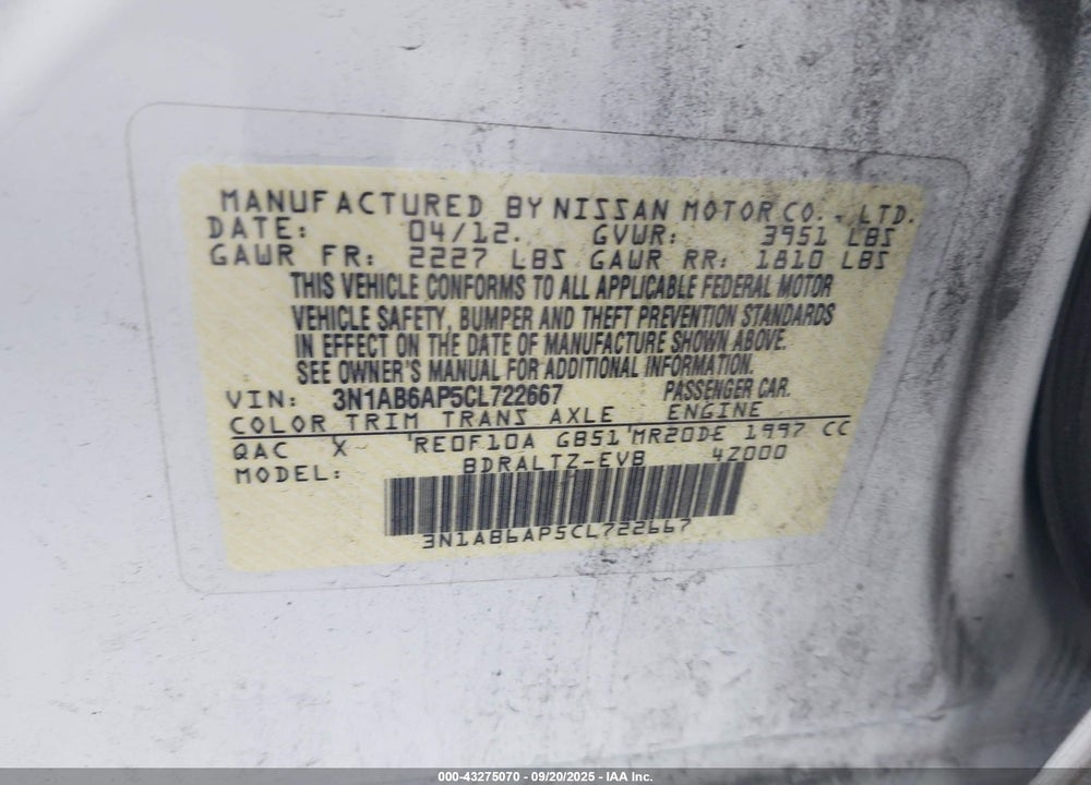 2012 NISSAN SENTRA VIN: 3N1AB6AP5CL722667