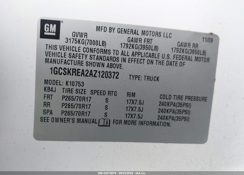 2010 CHEVROLET SILVERADO 1500 VIN: 1GCSKREA2AZ120372
