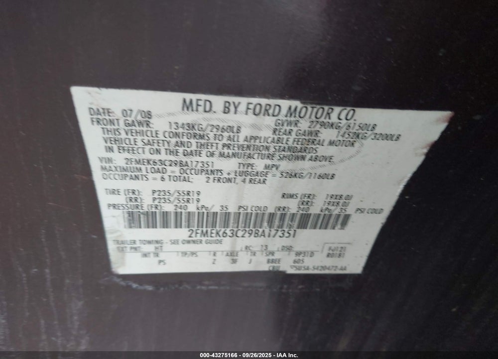 2009 FORD FLEX LIMITED VIN: 2FMEK63C29BA17351