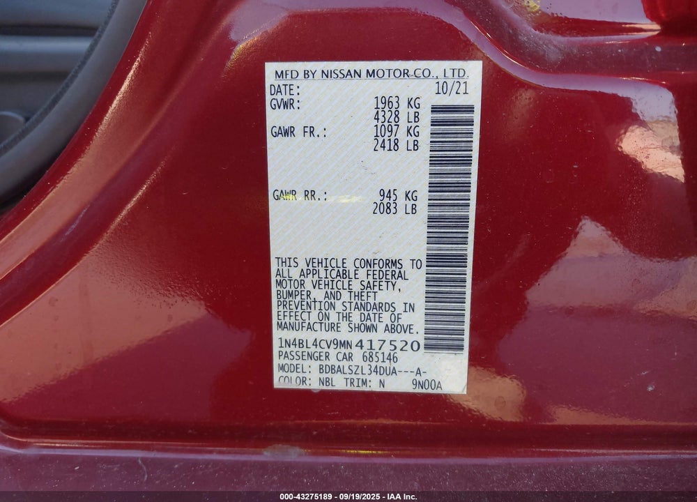 2021 NISSAN ALTIMA VIN: 1N4BL4CV9MN417520