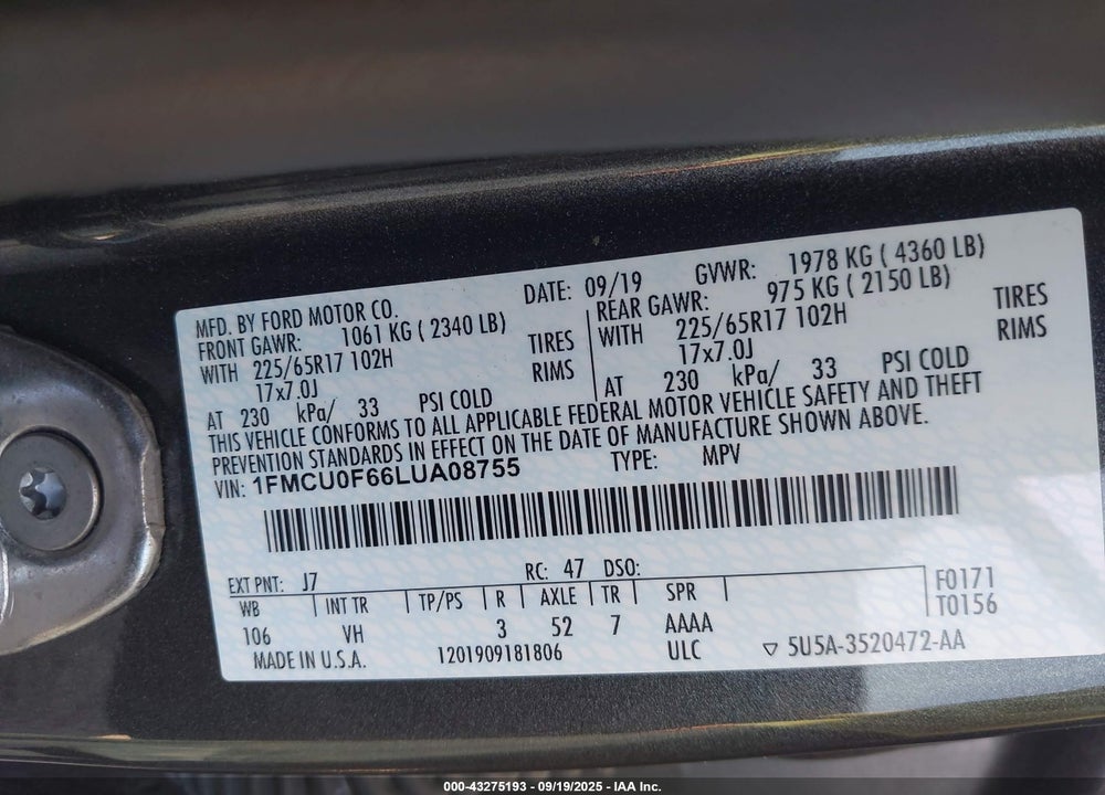2020 FORD ESCAPE VIN: 1FMCU0F66LUA08755