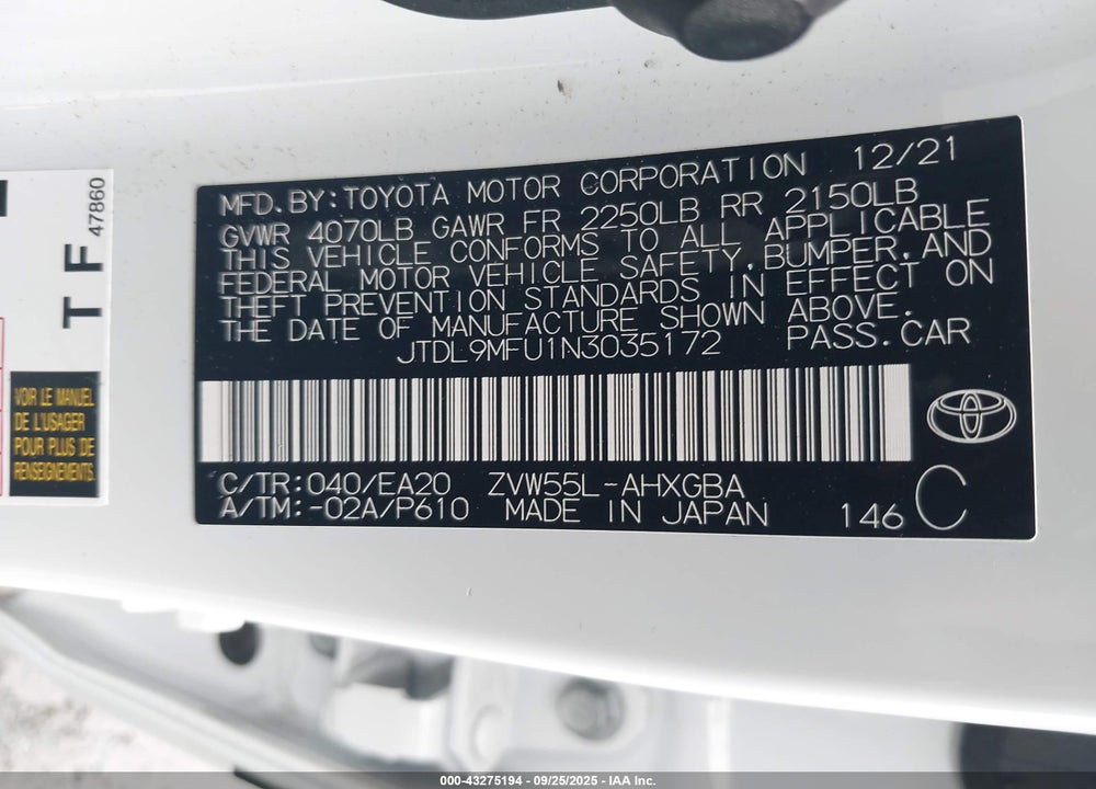 2022 TOYOTA PRIUS VIN: JTDL9MFU1N3035172