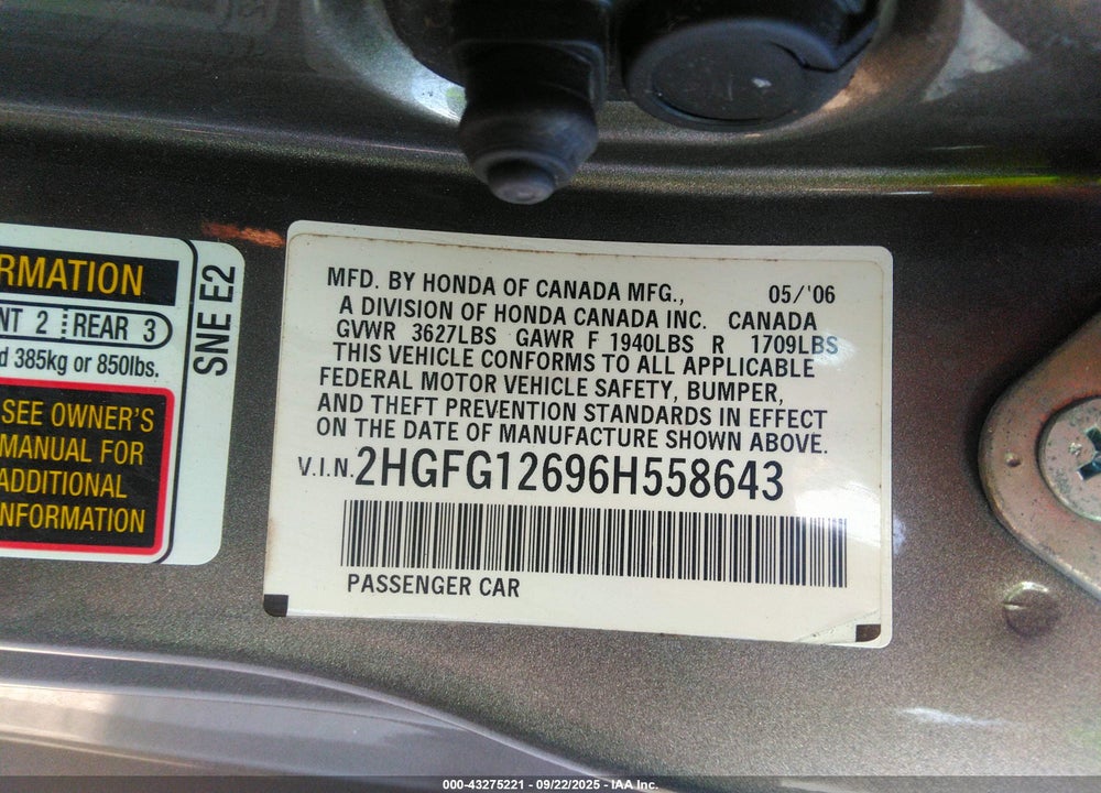 2006 HONDA CIVIC VIN: 2HGFG12696H558643