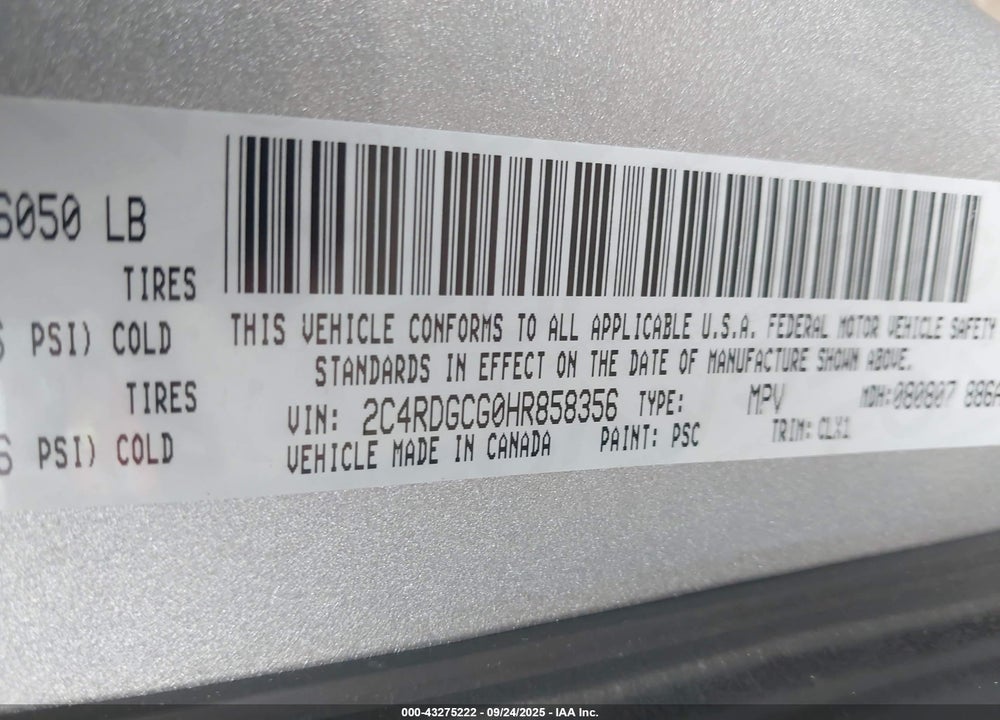 2017 DODGE GRAND CARAVAN SXT VIN: 2C4RDGCG0HR858356