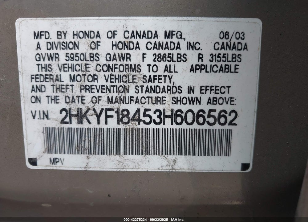2003 HONDA PILOT EX VIN: 2HKYF18453H606562