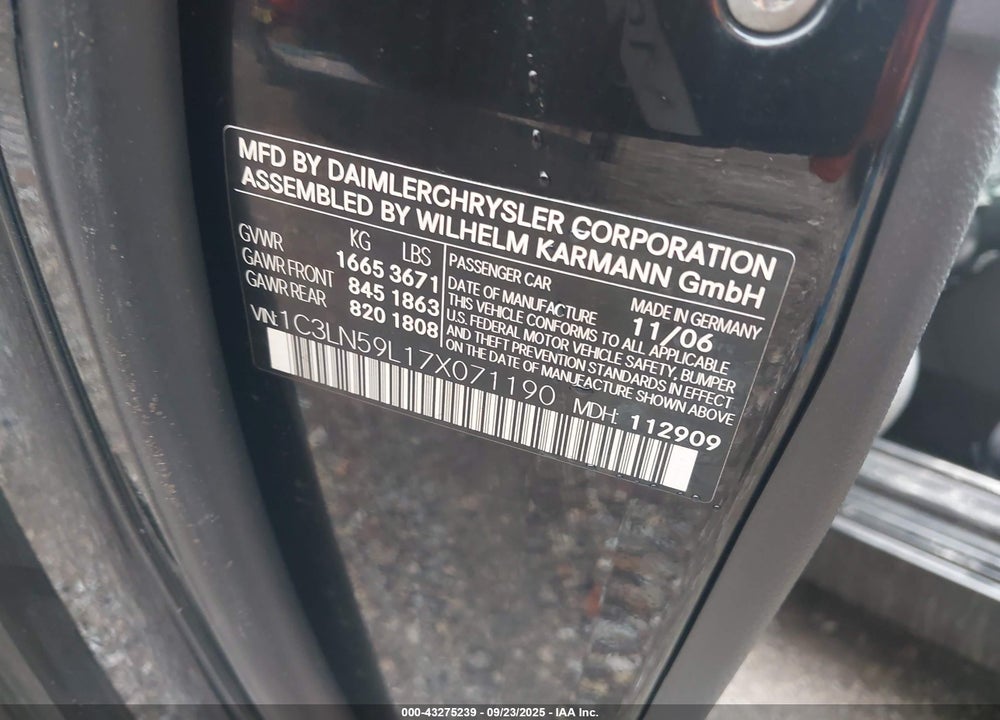 2007 CHRYSLER CROSSFIRE VIN: 1C3LN59L17X071190