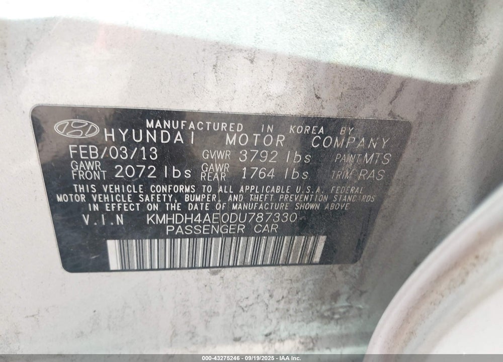 2013 HYUNDAI ELANTRA GLS (ULSAN PLANT) VIN: KMHDH4AE0DU787330