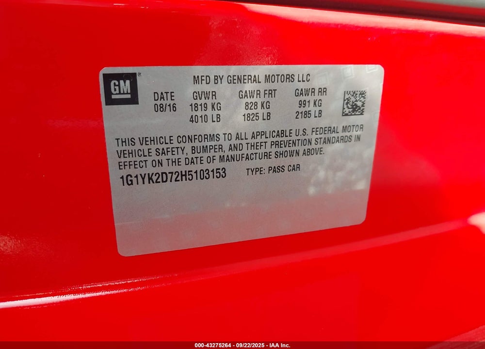 2017 CHEVROLET CORVETTE STINGRAY Z51 VIN: 1G1YK2D72H5103153