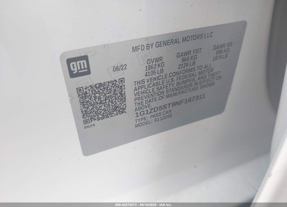 2022 CHEVROLET MALIBU FWD LT VIN: 1G1ZD5ST9NF167311