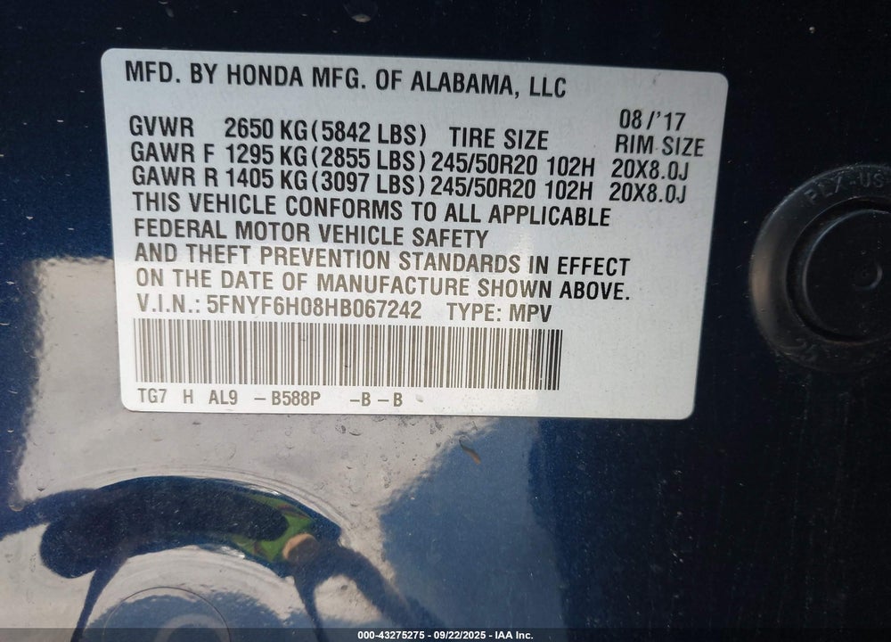 2017 HONDA PILOT ELITE VIN: 5FNYF6H08HB067242