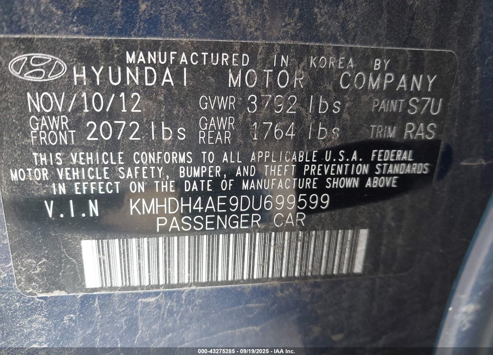 2013 HYUNDAI ELANTRA LIMITED VIN: KMHDH4AE9DU699599
