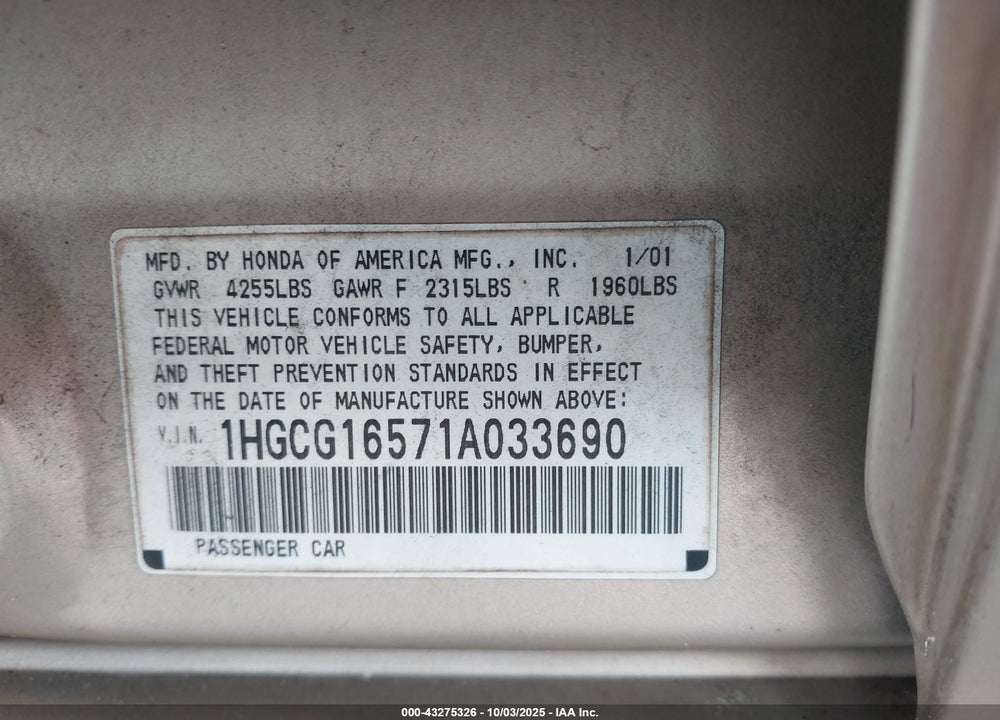 2001 HONDA ACCORD 3.0 EX VIN: 1HGCG16571A033690