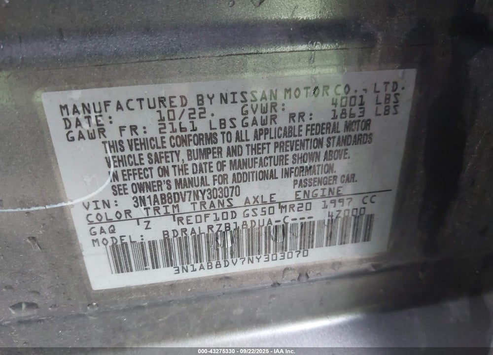 2022 NISSAN SENTRA SR XTRONIC CVT VIN: 3N1AB8DV7NY303070