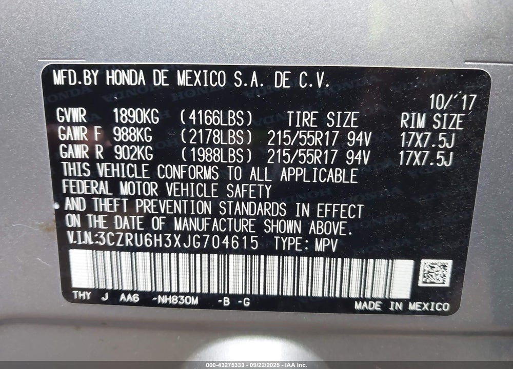 2018 HONDA HR-V LX VIN: 3CZRU6H3XJG704615