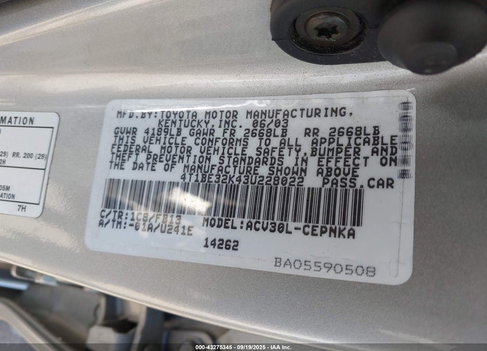 2003 TOYOTA CAMRY LE VIN: 4T1BE32K43U228022