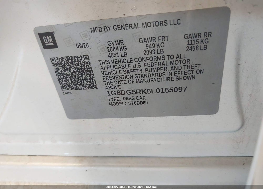 2020 CADILLAC CT4 SPORT VIN: 1G6DG5RK5L0155097