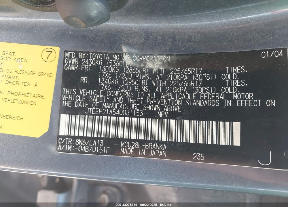2004 TOYOTA HIGHLANDER LIMITED V6 VIN: JTEEP21A540031153