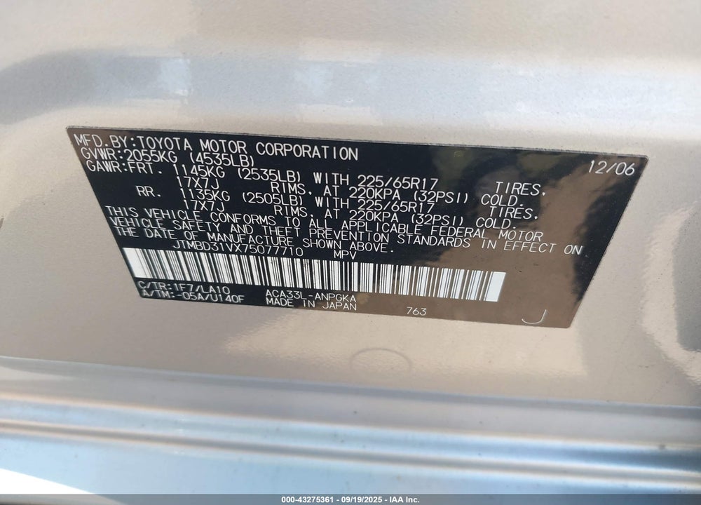 2007 TOYOTA RAV4 VIN: JTMBD31VX75077710