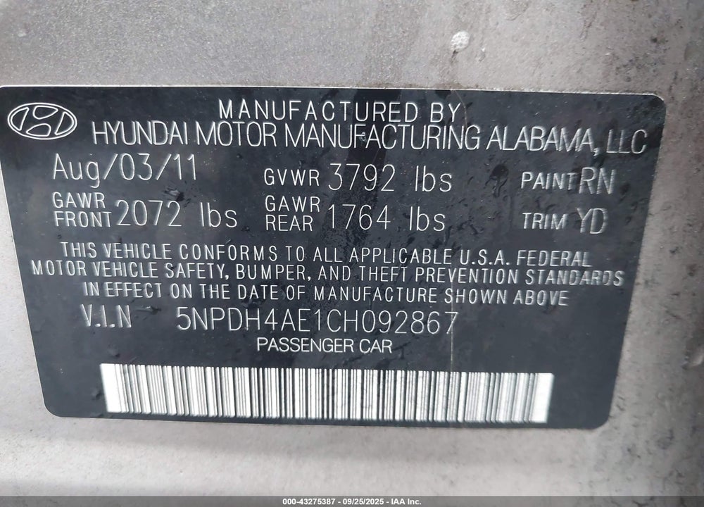 2012 HYUNDAI ELANTRA VIN: 5NPDH4AE1CH092867