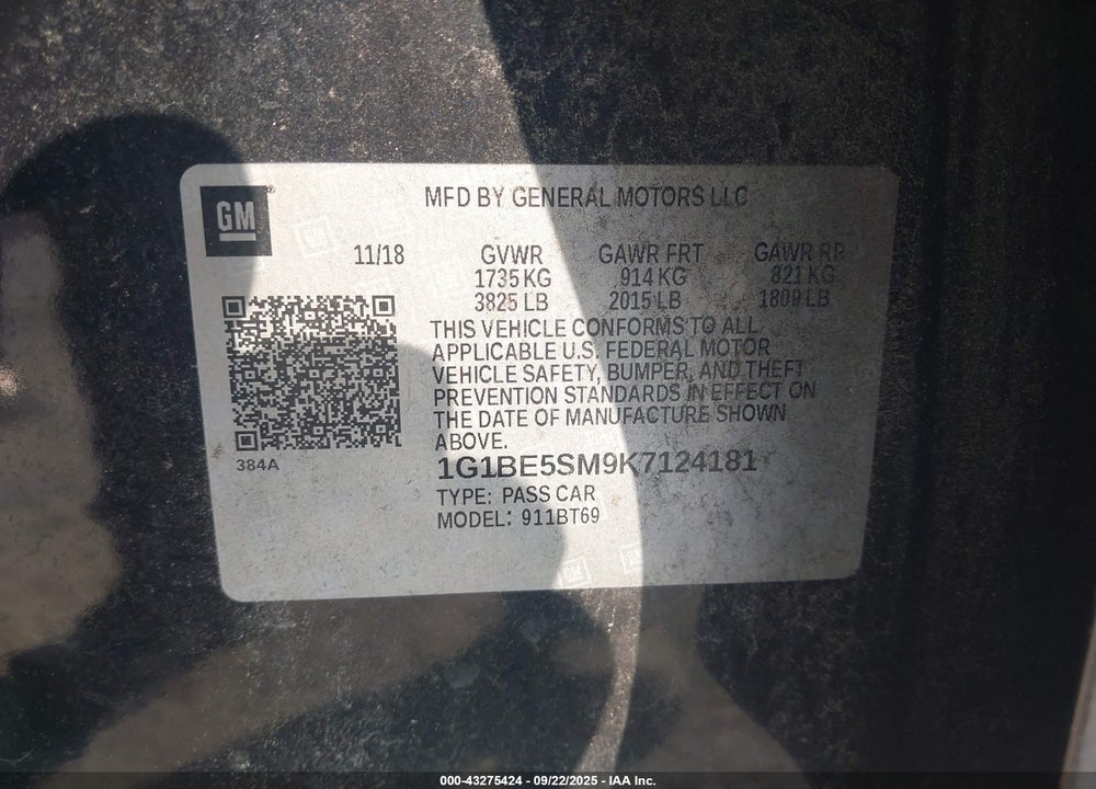 2019 CHEVROLET CRUZE VIN: 1G1BE5SM9K7124181