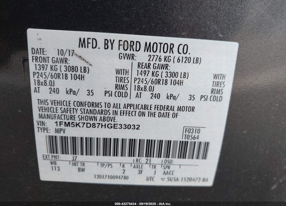 2017 FORD EXPLORER VIN: 1FM5K7D87HGE33032