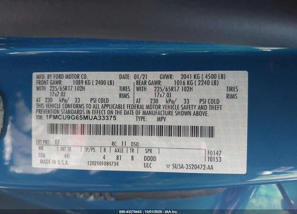 2021 FORD ESCAPE VIN: 1FMCU9G65MUA33375