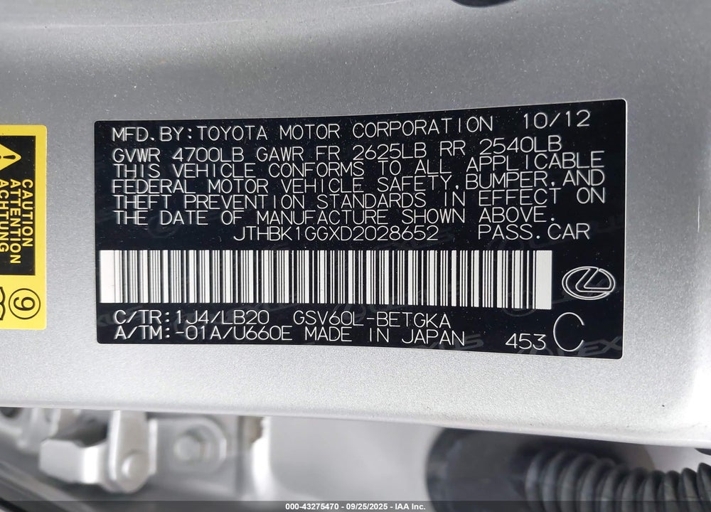 2013 LEXUS ES 350 VIN: JTHBK1GGXD2028652