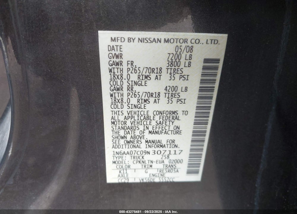 2009 NISSAN TITAN VIN: 1N6AA07C09N307117