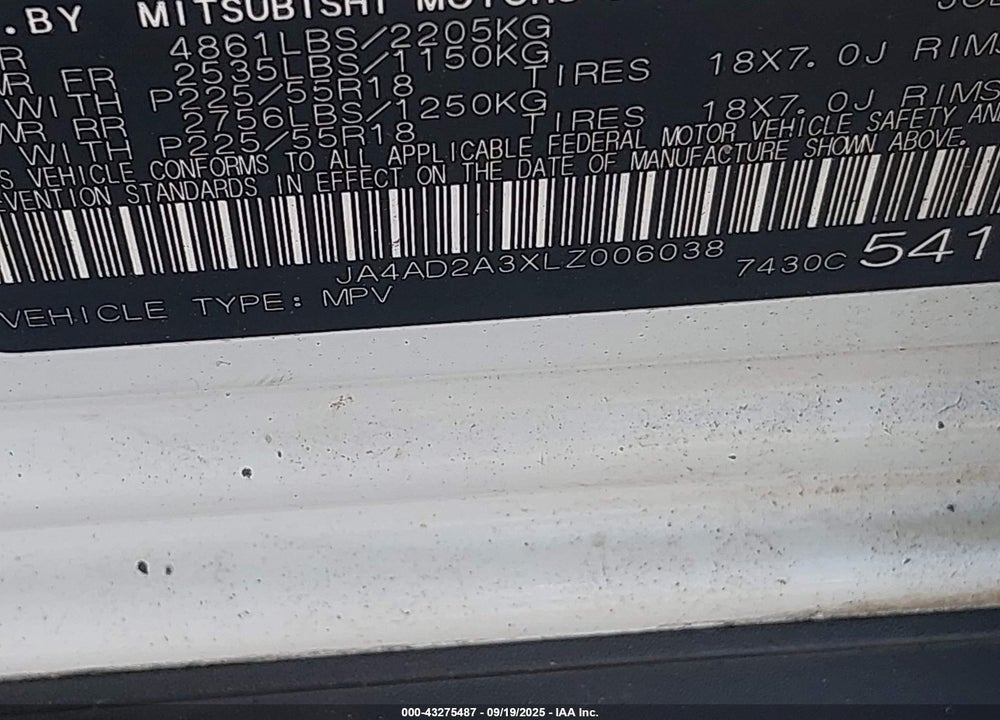 2020 MITSUBISHI OUTLANDER VIN: JA4AD2A3XLZ006038