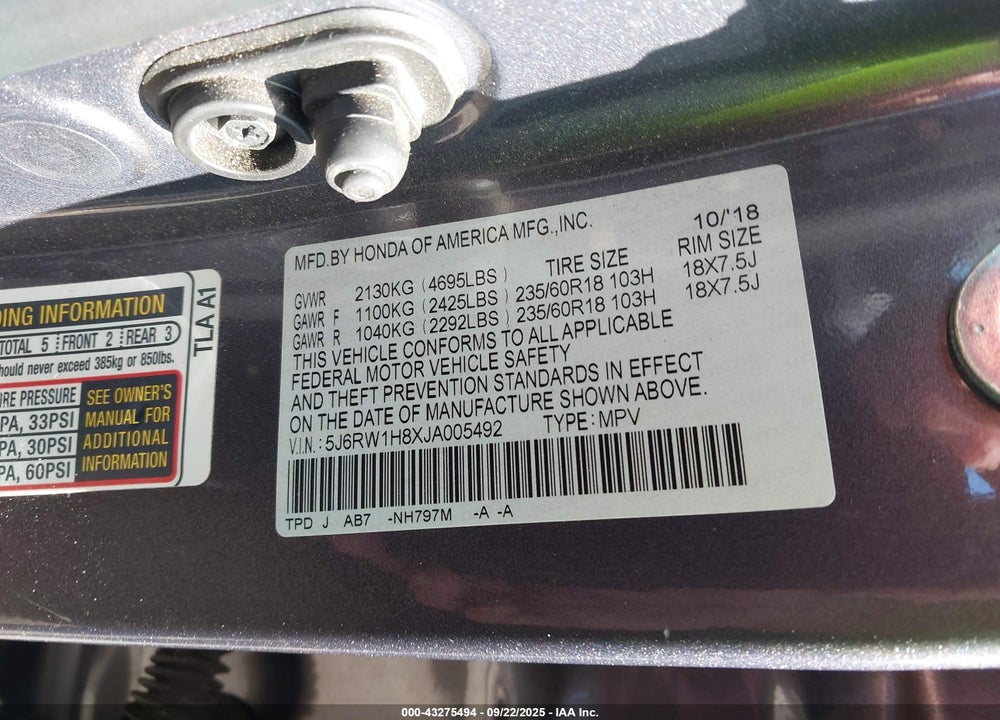 2018 HONDA CR-V VIN: 5J6RW1H8XJA005492