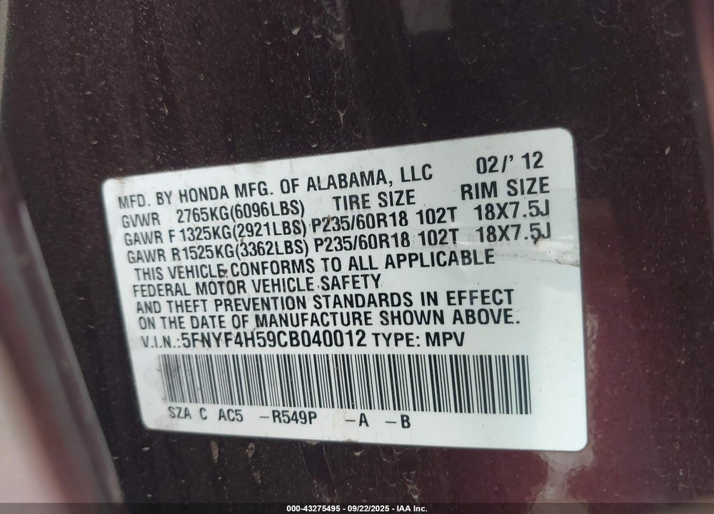 2012 HONDA PILOT VIN: 5FNYF4H59CB040012