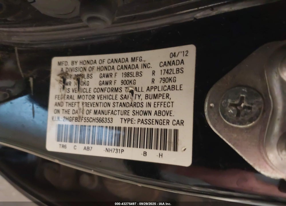 2012 HONDA CIVIC LX VIN: 2HGFB2F55CH566353