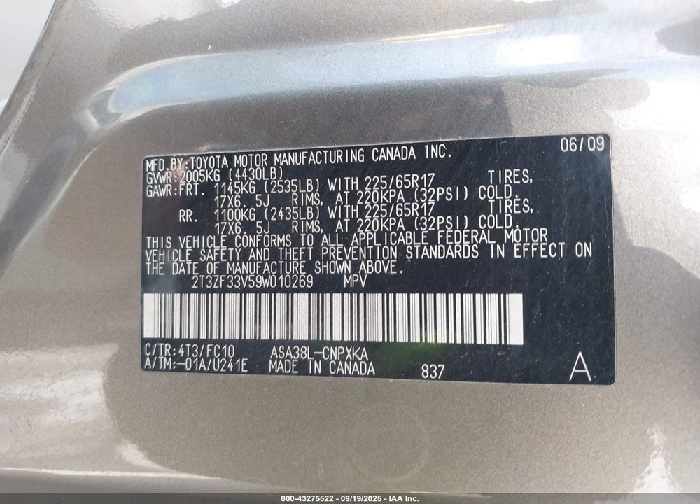 2009 TOYOTA RAV4 VIN: 2T3ZF33V59W010269